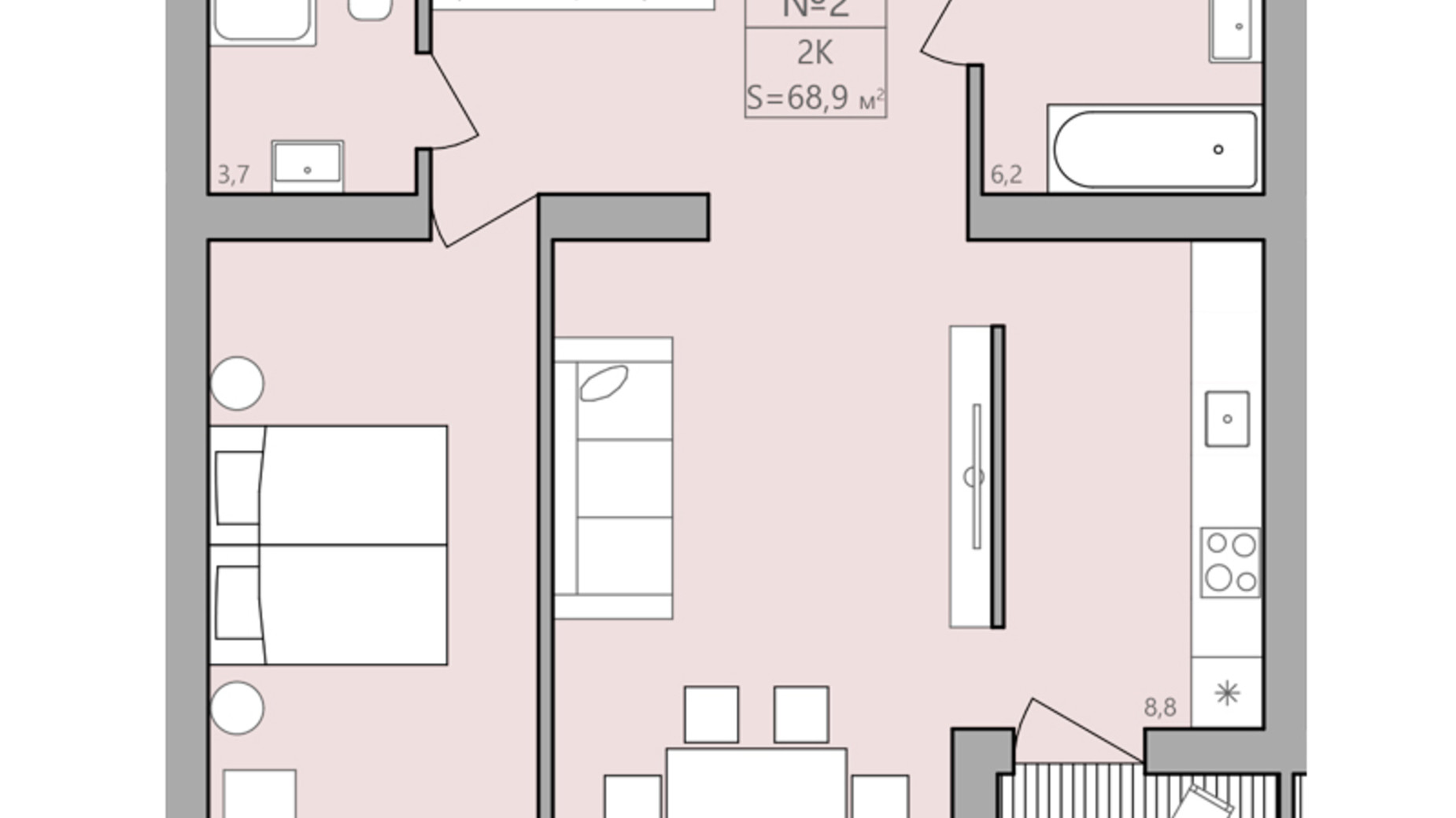 Планировка 2-комнатной квартиры в ЖК ЕкоДом 68.9 м², фото 192293