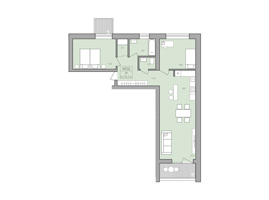 Планування 2-кімнатної квартири в ЖК ЕкоДім 75.7 м², фото 192295 Планування 2-кімнатної квартири в ЖК ЕкоДім 75.7 м², фото 192295