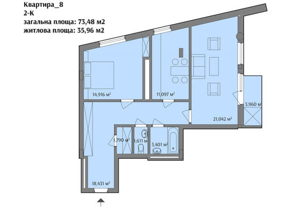 Планировка 2-комнатной квартиры в ЖК ул. Варшавская 73.48 м², фото 193185 Планировка 2-комнатной квартиры в ЖК ул. Варшавская 73.48 м², фото 193185