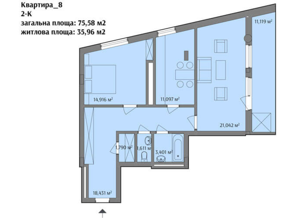 Планировка 2-комнатной квартиры в ЖК ул. Варшавская 75.58 м², фото 193186 Планировка 2-комнатной квартиры в ЖК ул. Варшавская 75.58 м², фото 193186