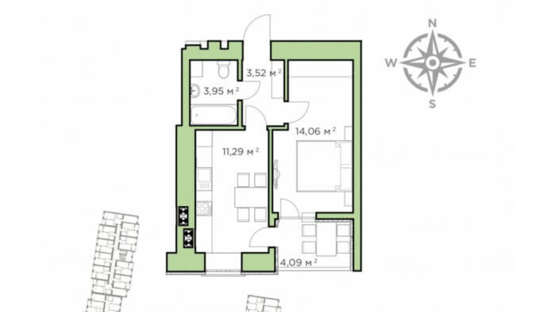 Планування 1-кімнатної квартири в ЖК Авіатор 34.86 м², фото 193199