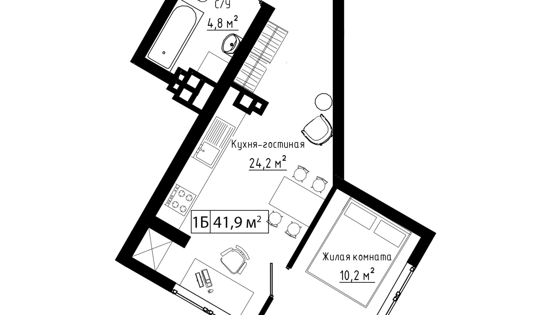 Планировка свободная планировка квартиры в ЖК Курортный 41.9 м², фото 193620