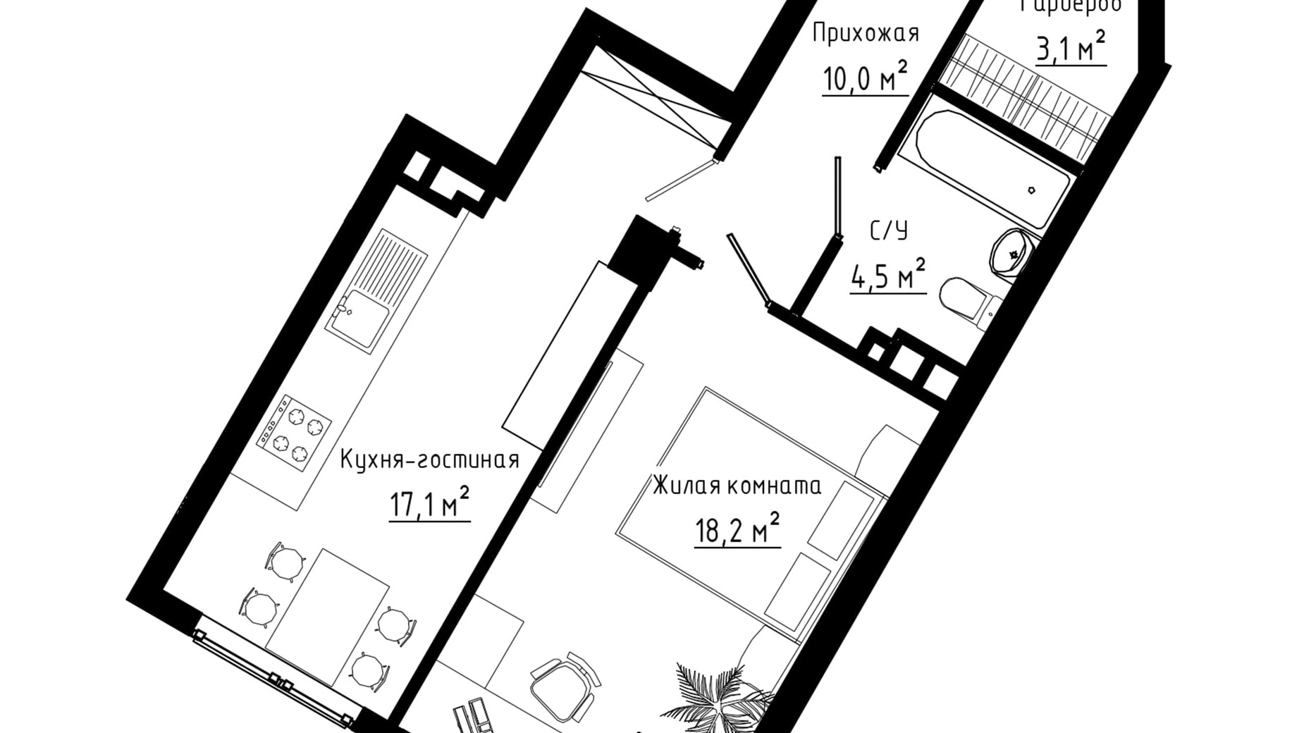 Планировка свободная планировка квартиры в ЖК Курортный 53.3 м², фото 193622