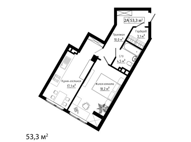 ЖК Курортный: свободная планировка квартиры 53.3 м²