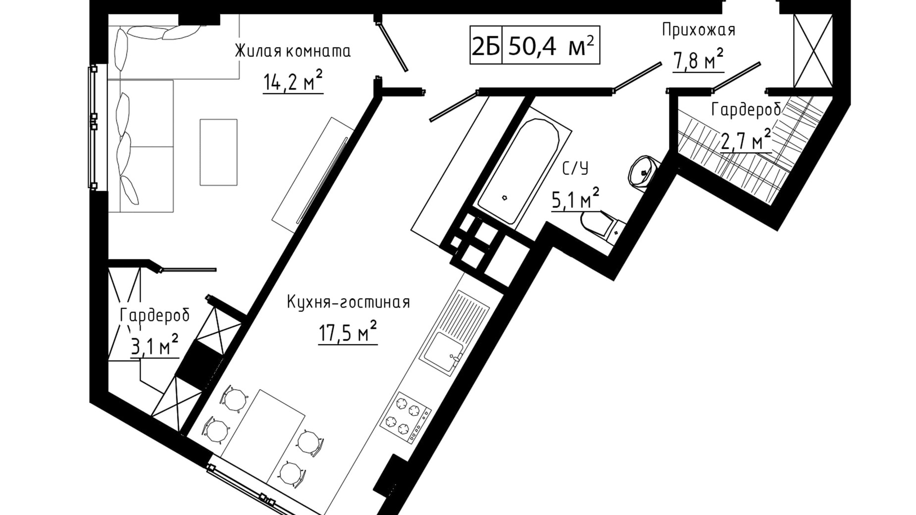 Планировка свободная планировка квартиры в ЖК Курортный 50.4 м², фото 193623