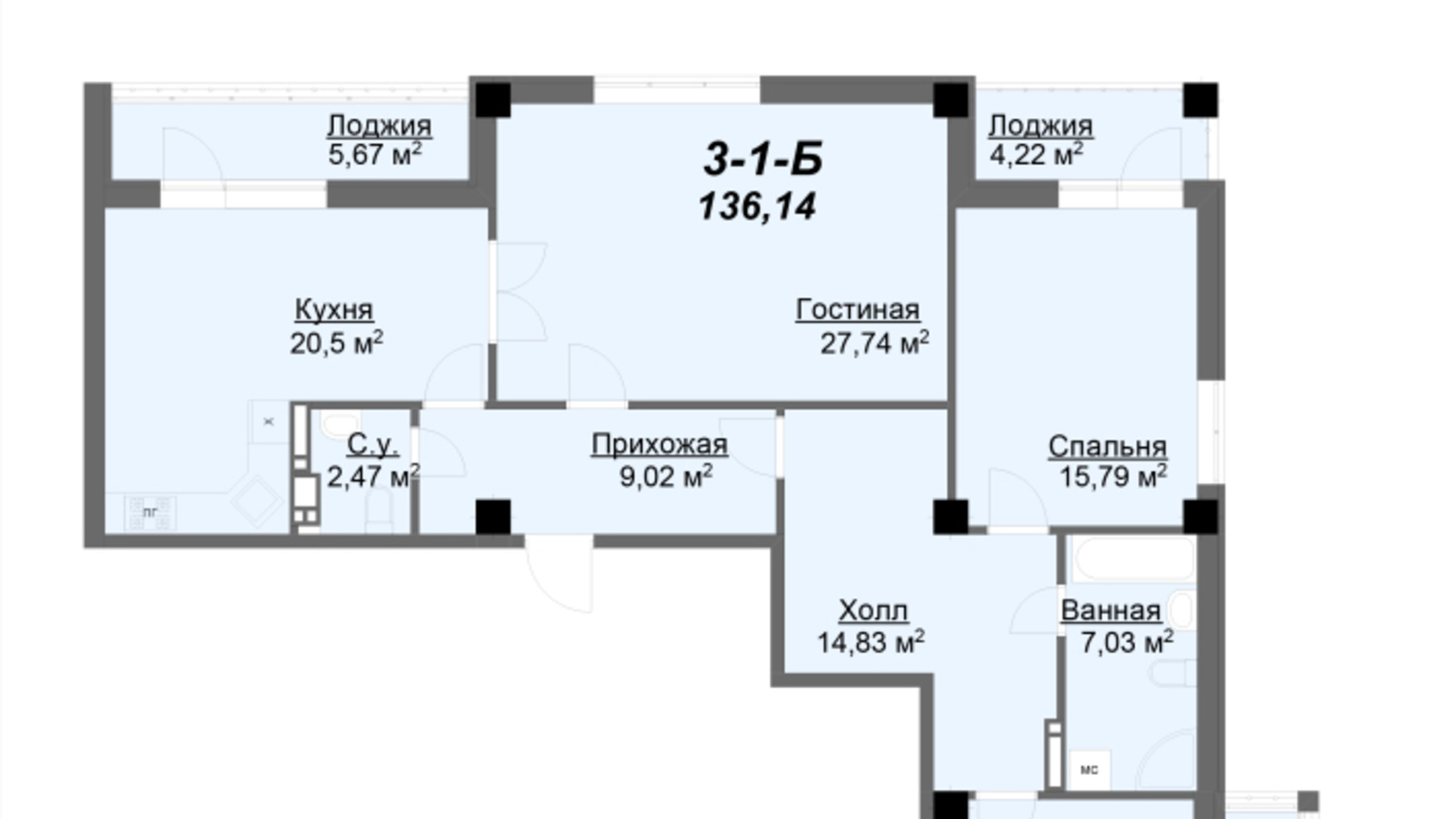 Планування 3-кімнатної квартири в ЖК Резиденція 136.14 м², фото 193755