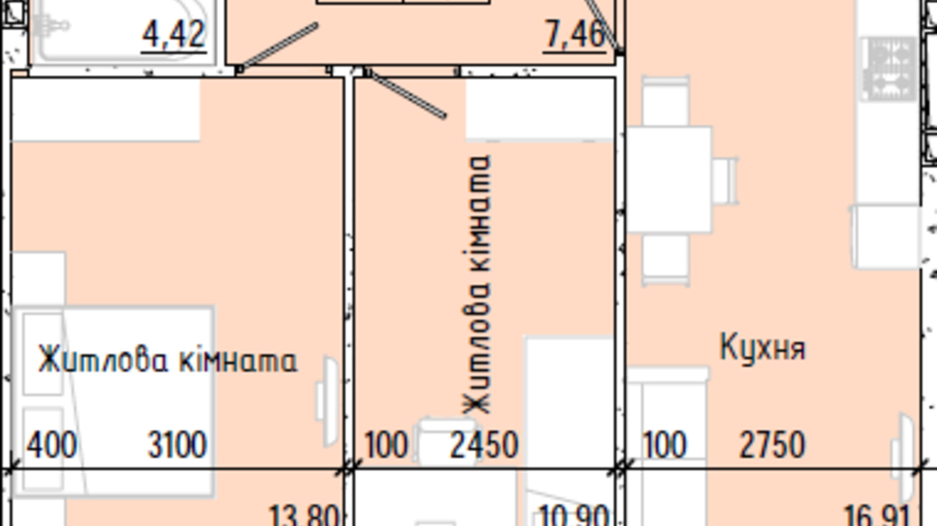 Планировка 2-комнатной квартиры в ЖК Акварель 7 56.51 м², фото 193795