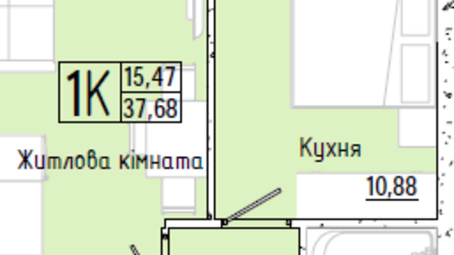 Планування 1-кімнатної квартири в ЖК Акварель 7 37.68 м², фото 193802