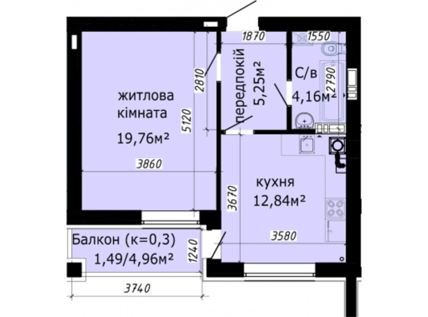 ЖК Кришталеві джерела: планировка 1-комнатной квартиры 43.5 м²