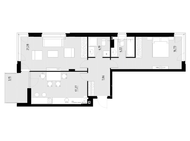 ЖК Wellness Park: планування 2-кімнатної квартири 74.7 м²