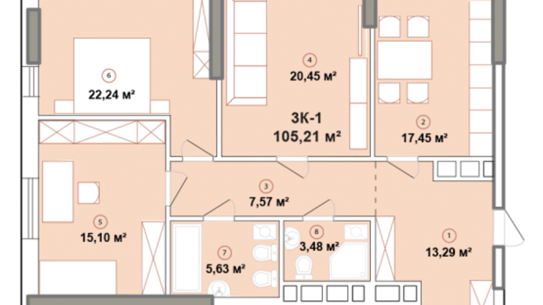 Планировка 3-комнатной квартиры в ЖК Edelweiss House 105.37 м², фото 194762