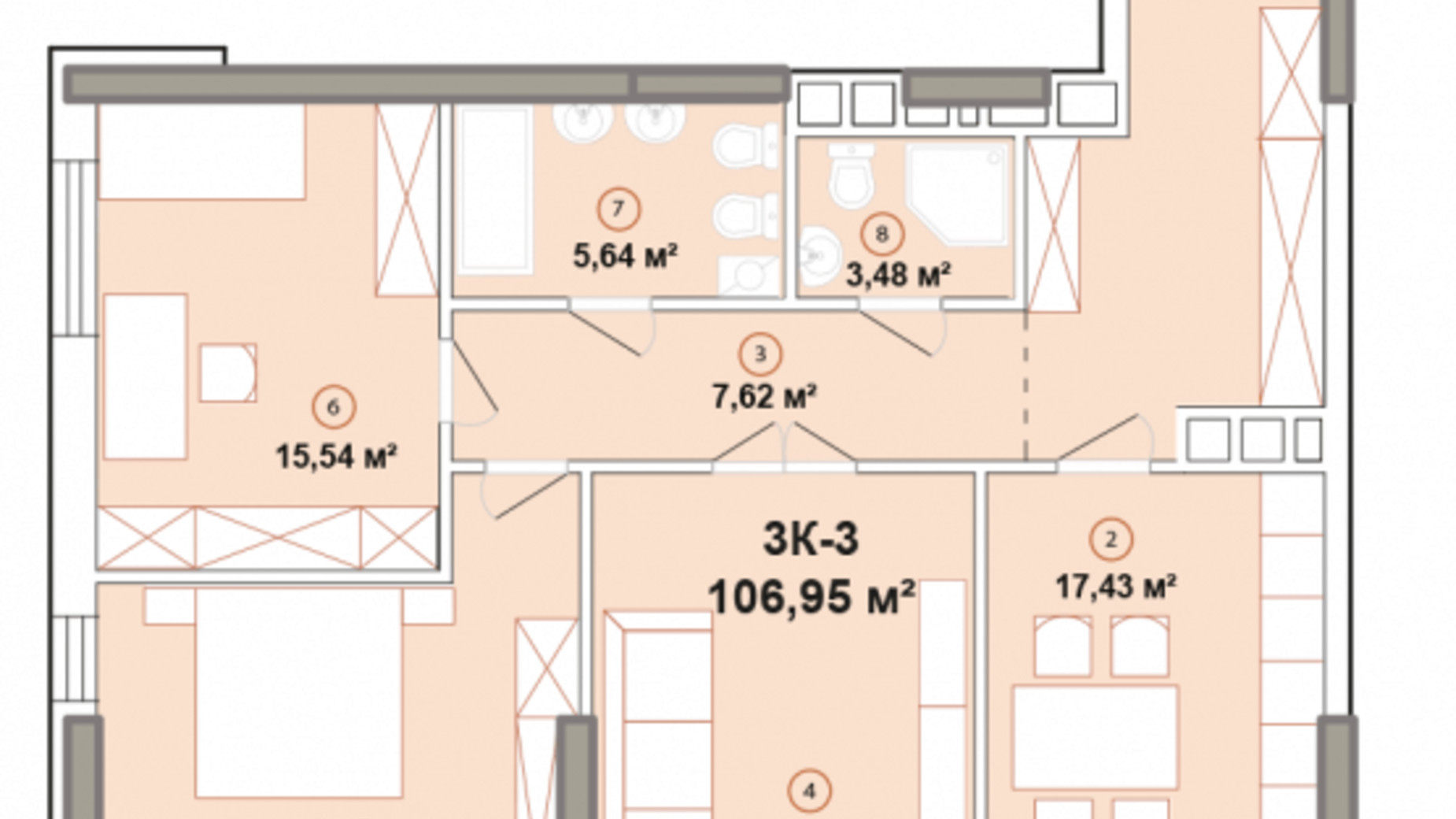 Планировка 3-комнатной квартиры в ЖК Edelweiss House 106.88 м², фото 194763