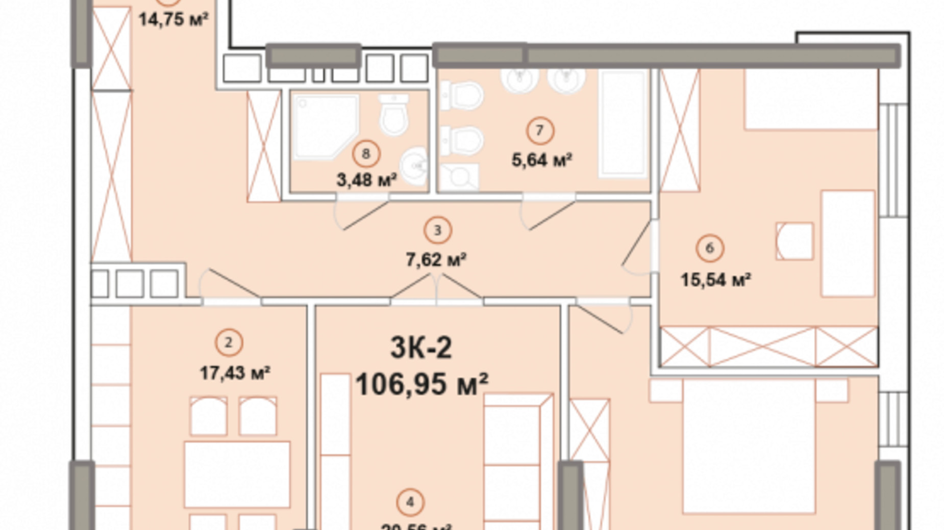 Планировка 3-комнатной квартиры в ЖК Edelweiss House 106.94 м², фото 194764