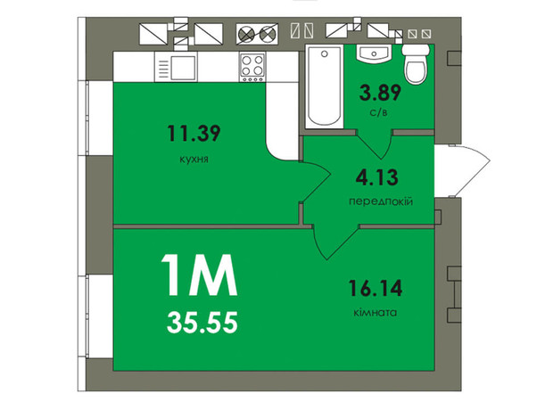 ЖК Сontinent RAY: планування 1-кімнатної квартири 35.55 м²