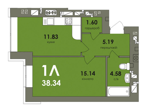 ЖК Сontinent RAY: планировка 1-комнатной квартиры 38.34 м²