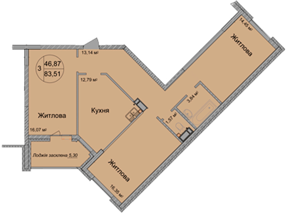 Планировка 3-комнатной квартиры в ЖК Святобор 83.51 м², фото 196626 Планировка 3-комнатной квартиры в ЖК Святобор 83.51 м², фото 196626