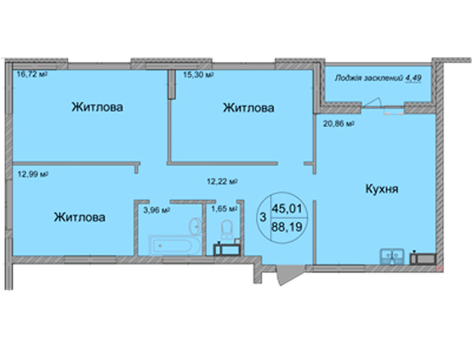 Планування 3-кімнатної квартири в ЖК Святобор 88.19 м², фото 196627 Планування 3-кімнатної квартири в ЖК Святобор 88.19 м², фото 196627