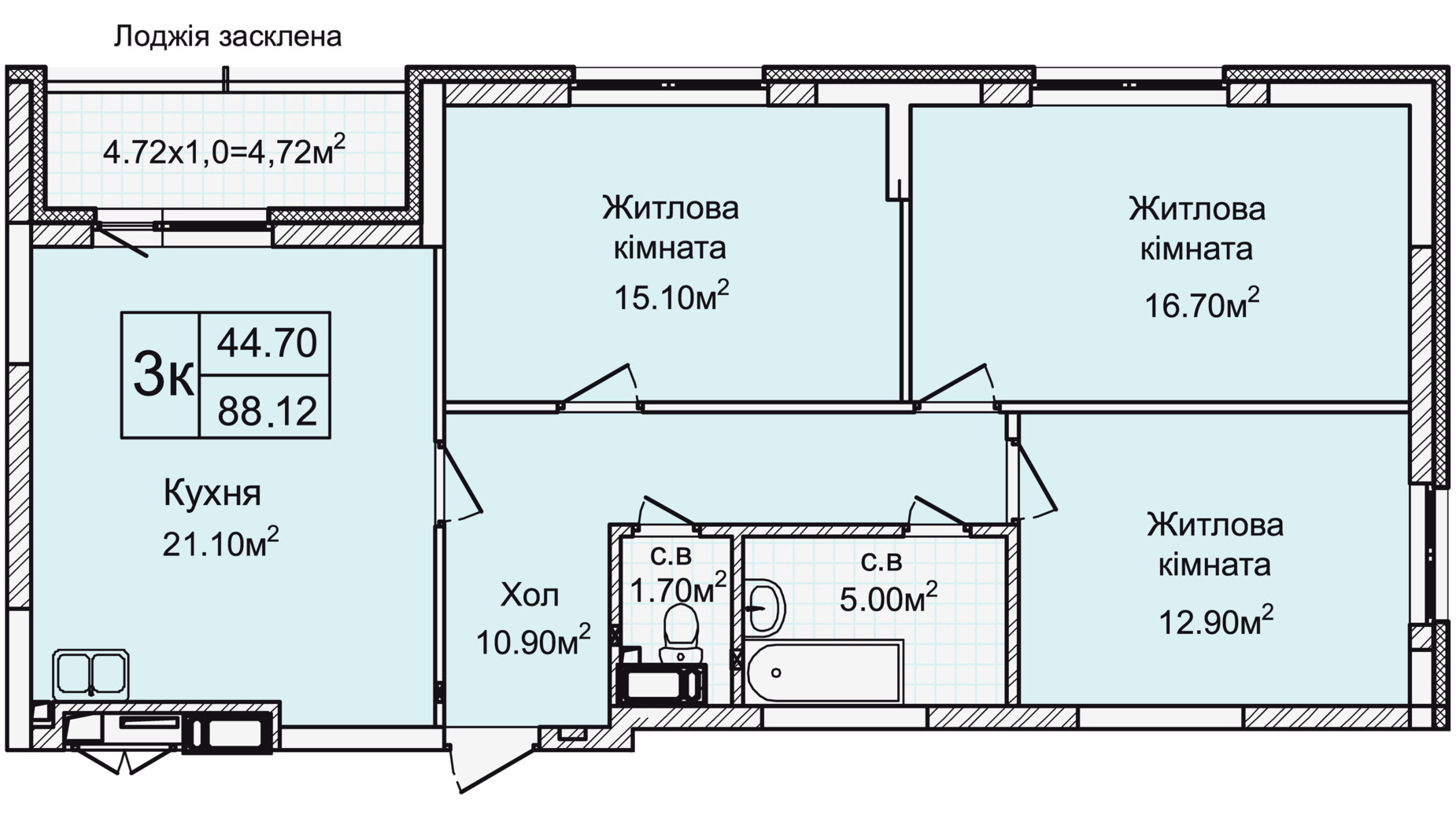 Планировка 3-комнатной квартиры в ЖК Святобор 88.12 м², фото 196630