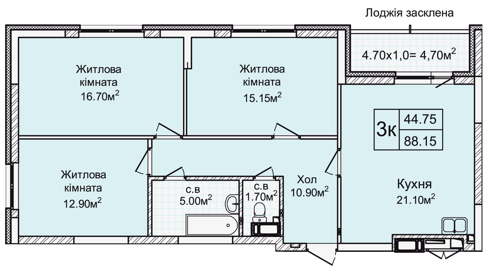 Планировка 3-комнатной квартиры в ЖК Святобор 88.15 м², фото 196632