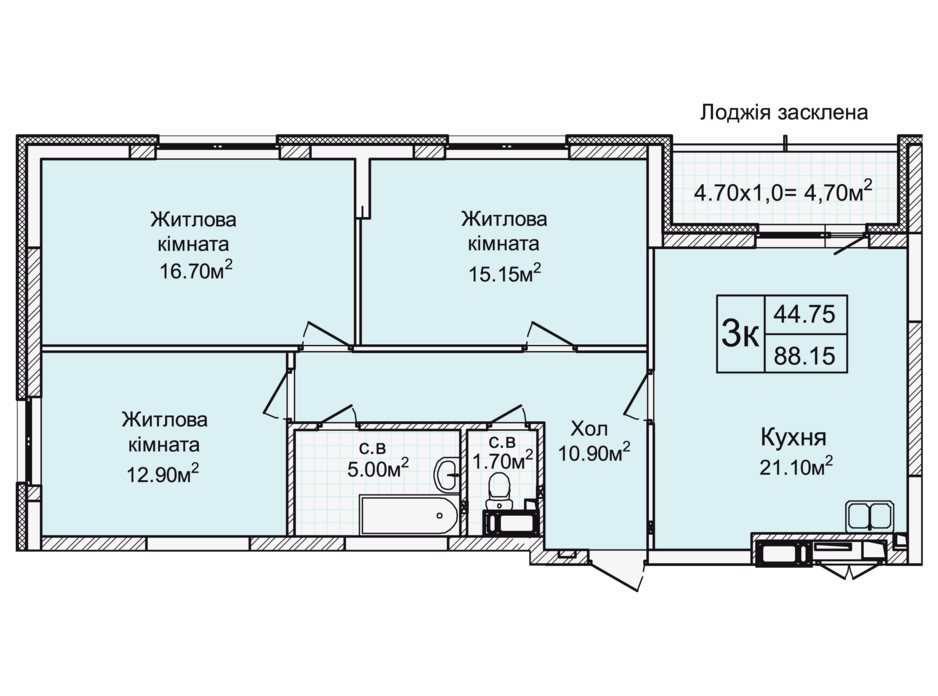 Планировка 3-комнатной квартиры в ЖК Святобор 88.15 м², фото 196632 Планировка 3-комнатной квартиры в ЖК Святобор 88.15 м², фото 196632