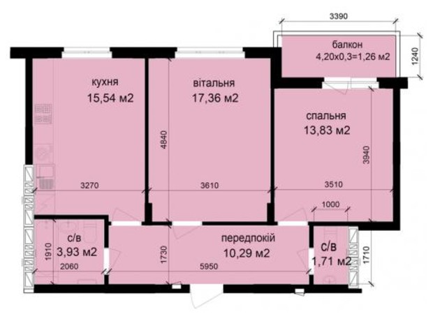 ЖК Кришталеві джерела: планування 2-кімнатної квартири 63.92 м²