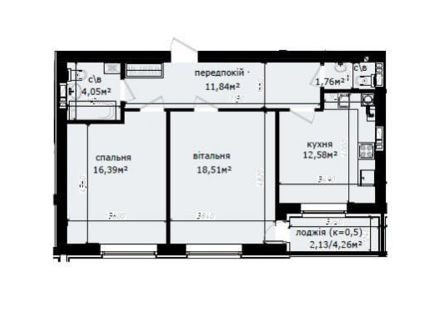 ЖК Кришталеві джерела: планировка 2-комнатной квартиры 67.26 м²