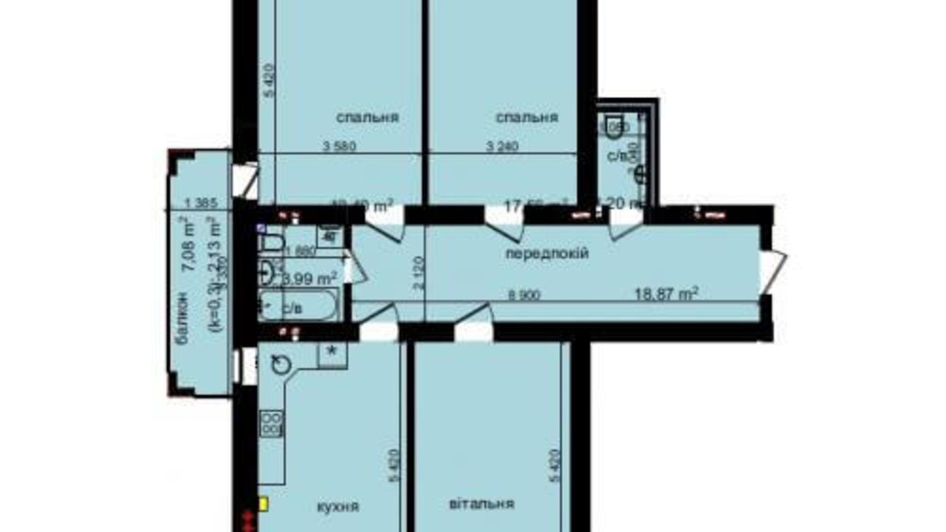 Планировка 3-комнатной квартиры в ЖК Кришталеві джерела 100.41 м², фото 196754
