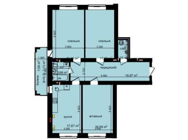 ЖК Кришталеві джерела: планування 3-кімнатної квартири 100.41 м²