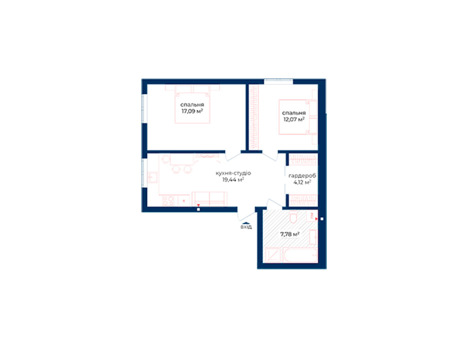 Планування 2-кімнатної квартири в КБ Liverpool House 60.5 м², фото 197327 Планування 2-кімнатної квартири в КБ Liverpool House 60.5 м², фото 197327