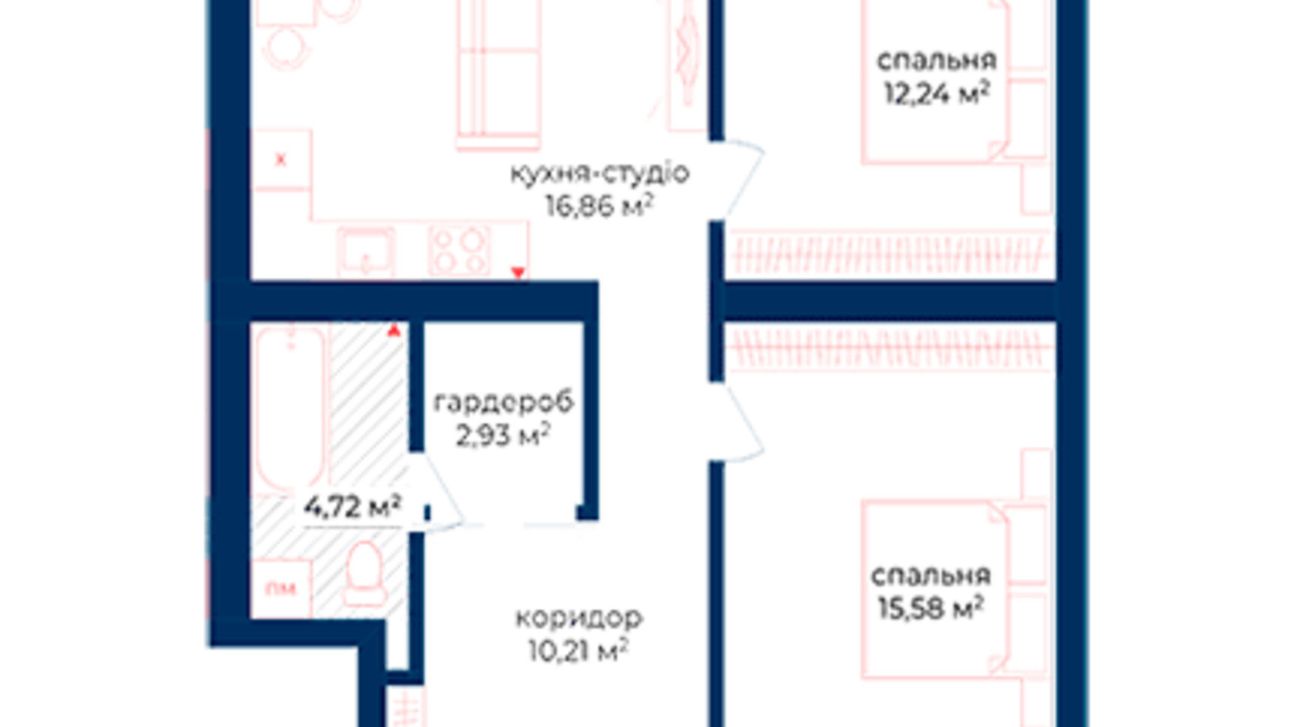 Планировка 2-комнатной квартиры в КД Liverpool House 62.54 м², фото 197329