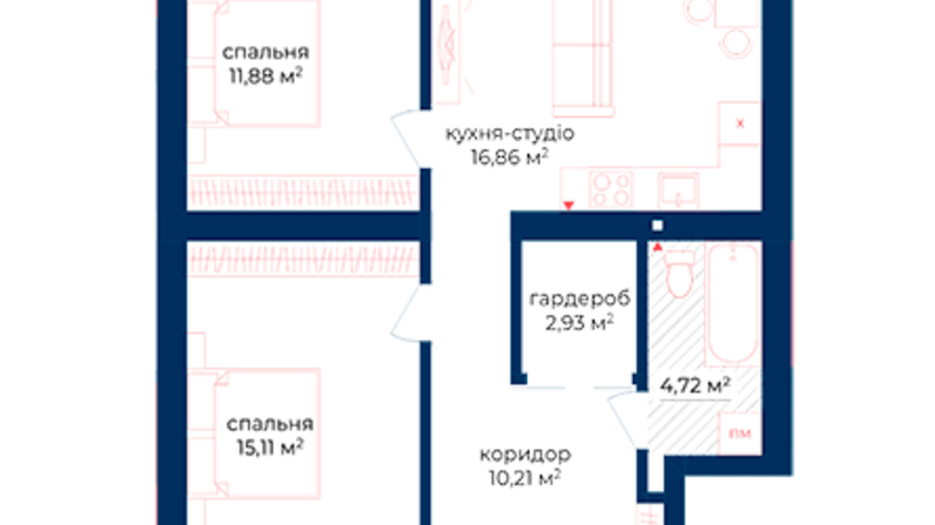 Планування 2-кімнатної квартири в КБ Liverpool House 61.71 м², фото 197343