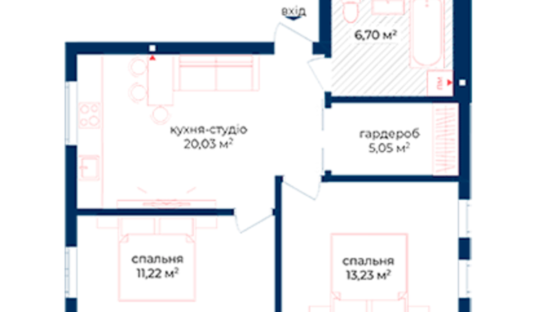 Планировка 2-комнатной квартиры в КД Liverpool House 56.23 м², фото 197345