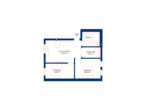 КБ Liverpool House: планування 2-кімнатної квартири 56.23 м²