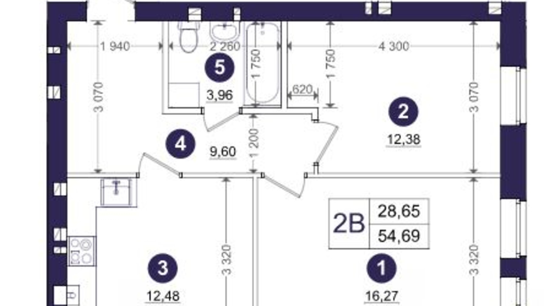 Планування 2-кімнатної квартири в ЖК Емоція 54.69 м², фото 197516