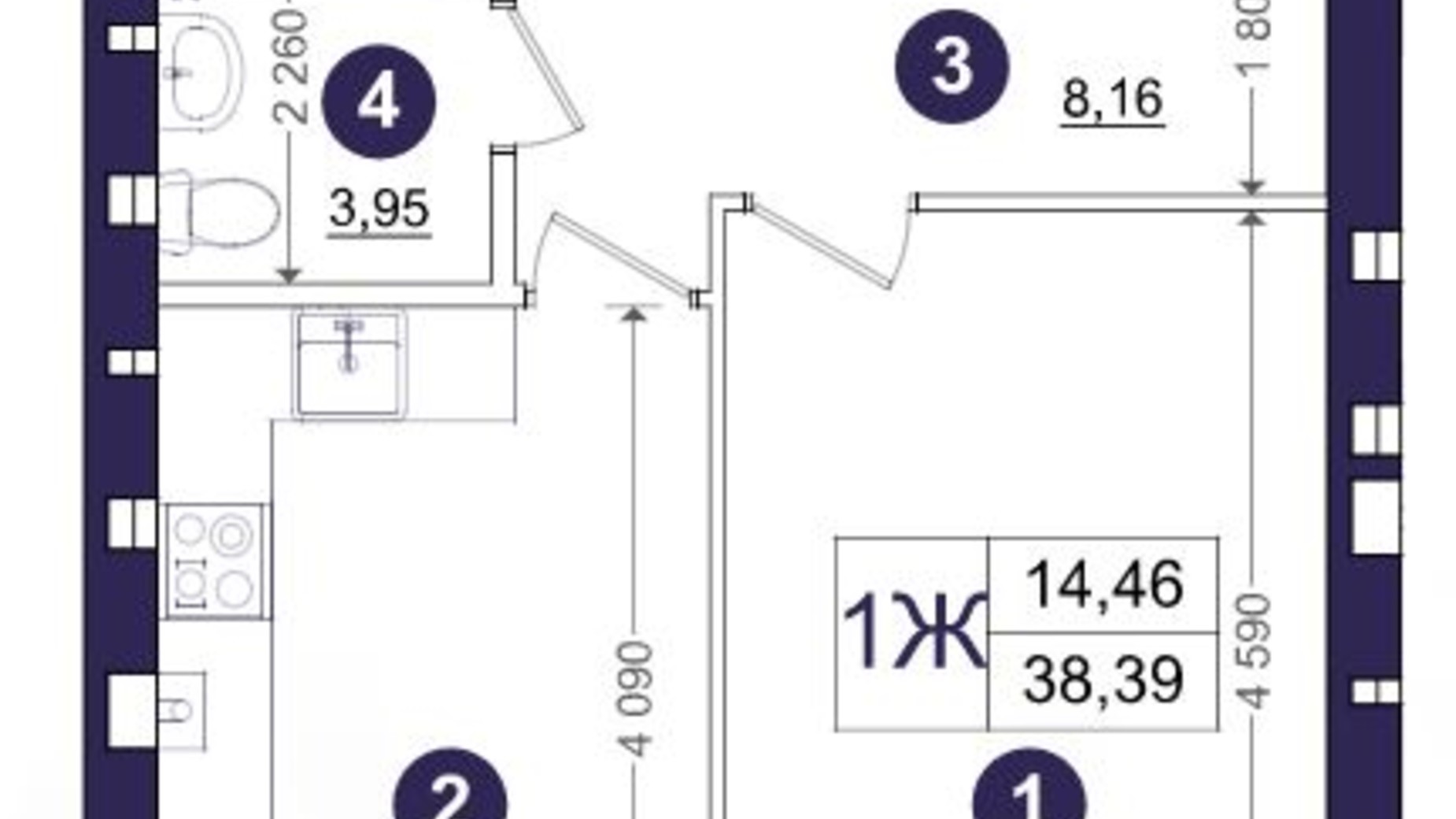 Планування 1-кімнатної квартири в ЖК Емоція 38.39 м², фото 197522