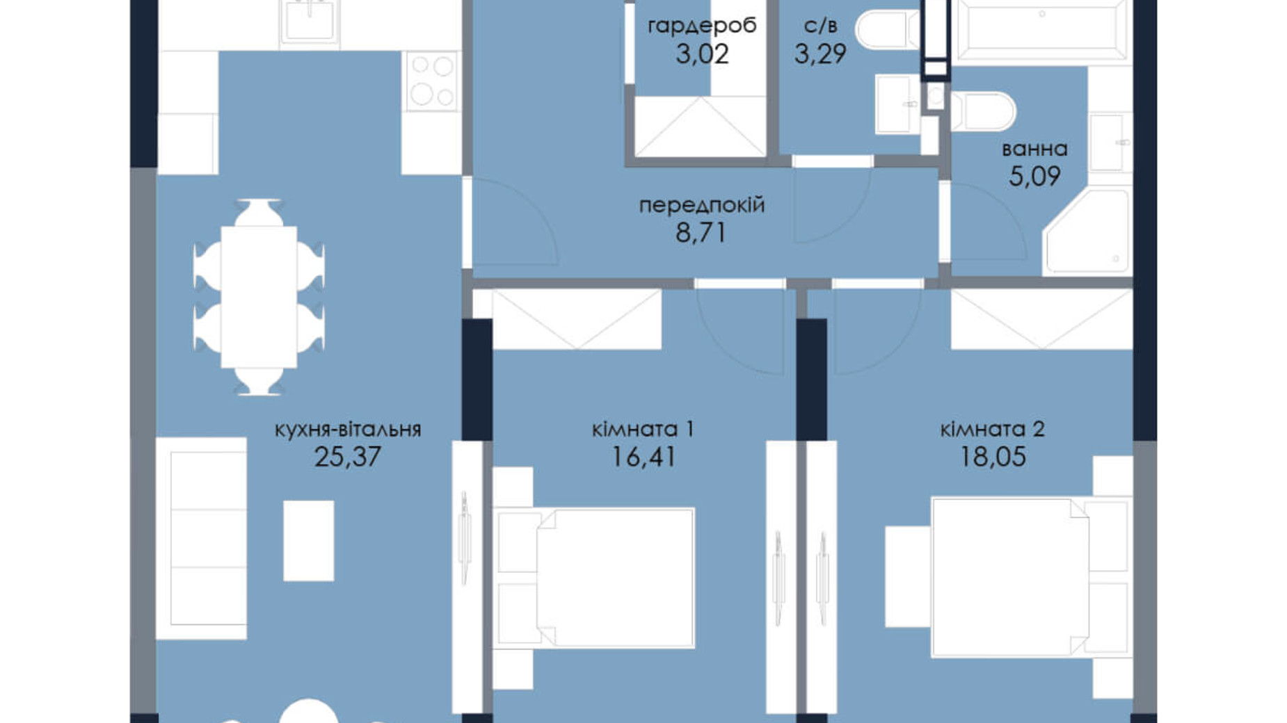 Планування 2-кімнатної квартири в ЖК Новий Автограф 79.94 м², фото 197618