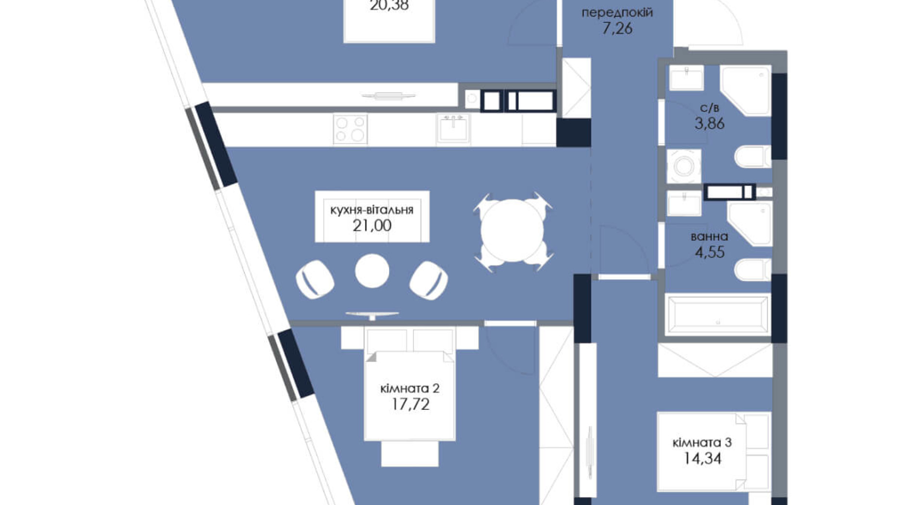 Планування 3-кімнатної квартири в ЖК Новий Автограф 54.88 м², фото 197624
