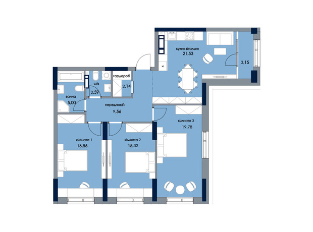 ЖК Новый Автограф: планировка 3-комнатной квартиры 93.7 м²