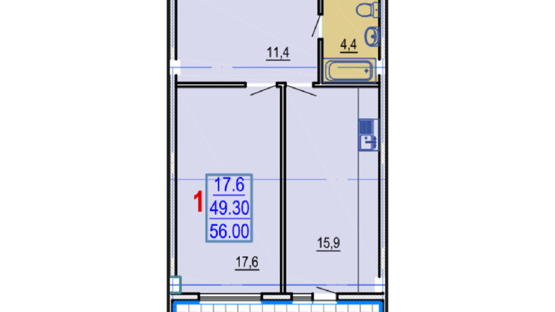 Планировка 1-комнатной квартиры в ЖК Gaudi Hall 56 м², фото 197908