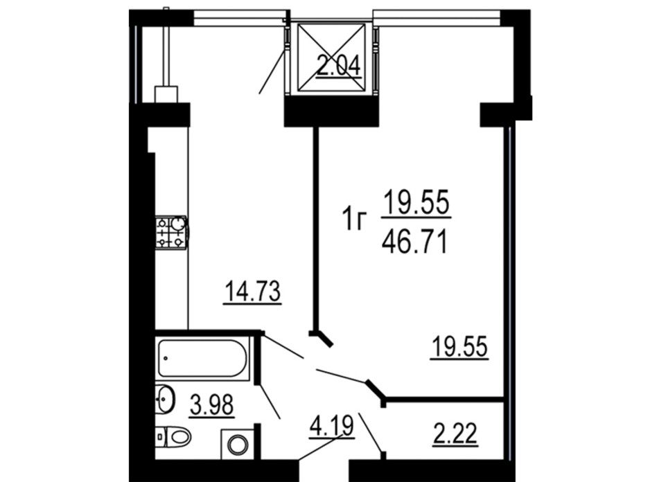 Планування 1-кімнатної квартири в ЖК Сімейний Comfort 46.71 м², фото 198720 Планування 1-кімнатної квартири в ЖК Сімейний Comfort 46.71 м², фото 198720