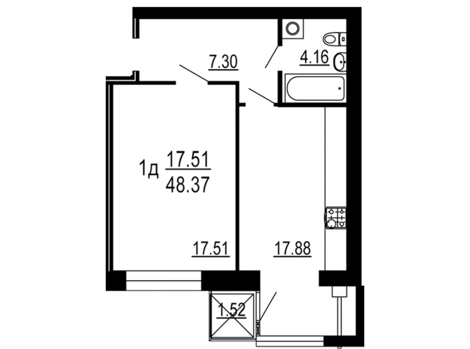 Планування 1-кімнатної квартири в ЖК Сімейний Comfort 48.37 м², фото 198738 Планування 1-кімнатної квартири в ЖК Сімейний Comfort 48.37 м², фото 198738
