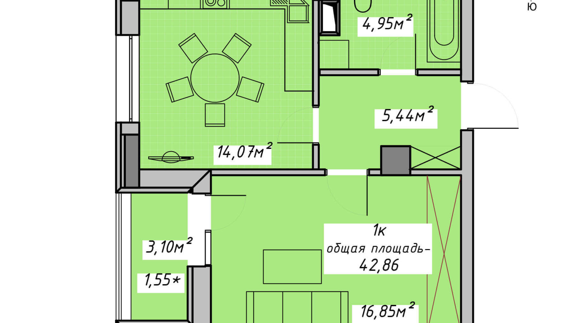 Планування 1-кімнатної квартири в ЖК Otrada Sky 42.86 м², фото 199063