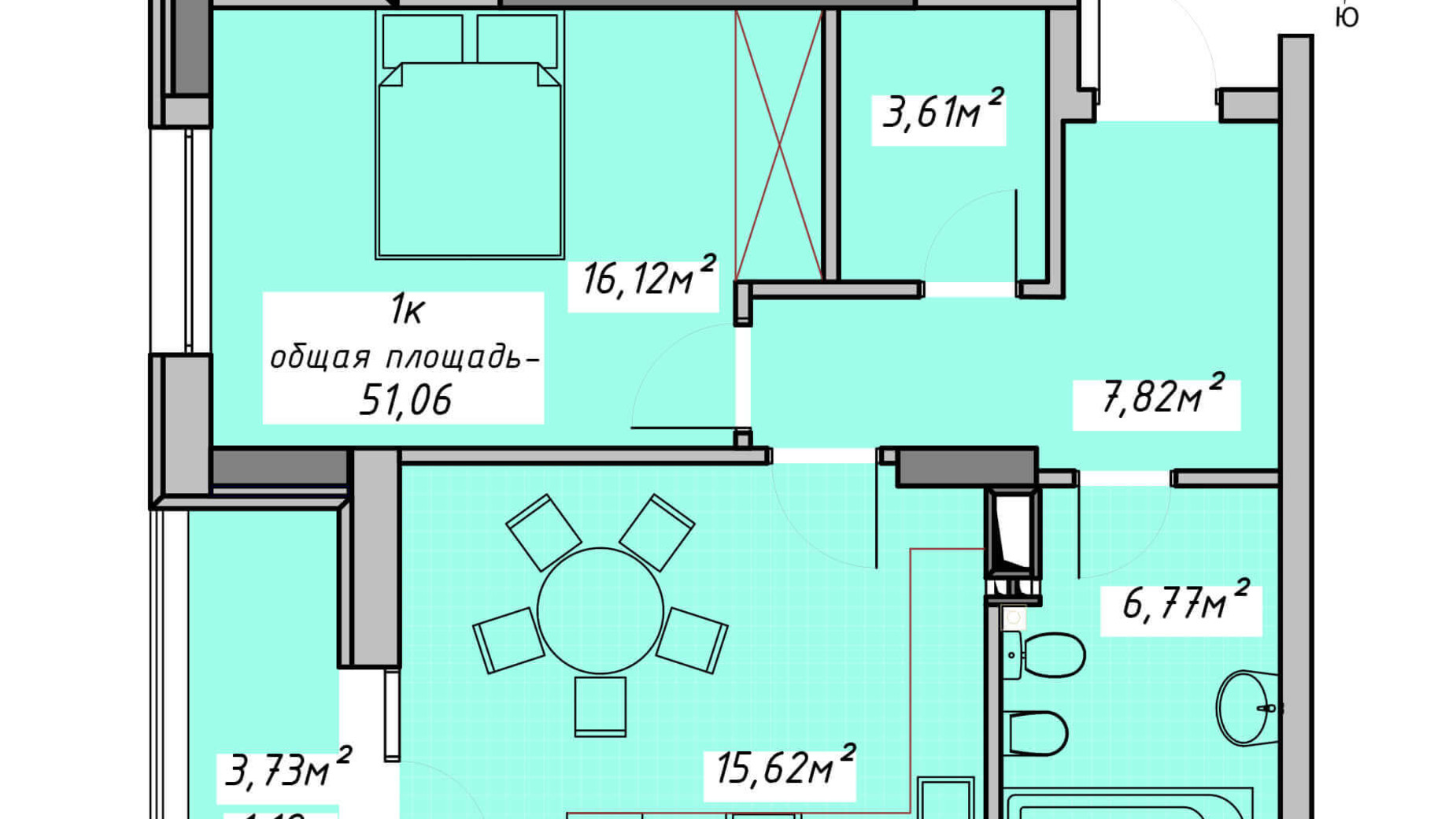 Планування 1-кімнатної квартири в ЖК Otrada Sky 51.06 м², фото 199064