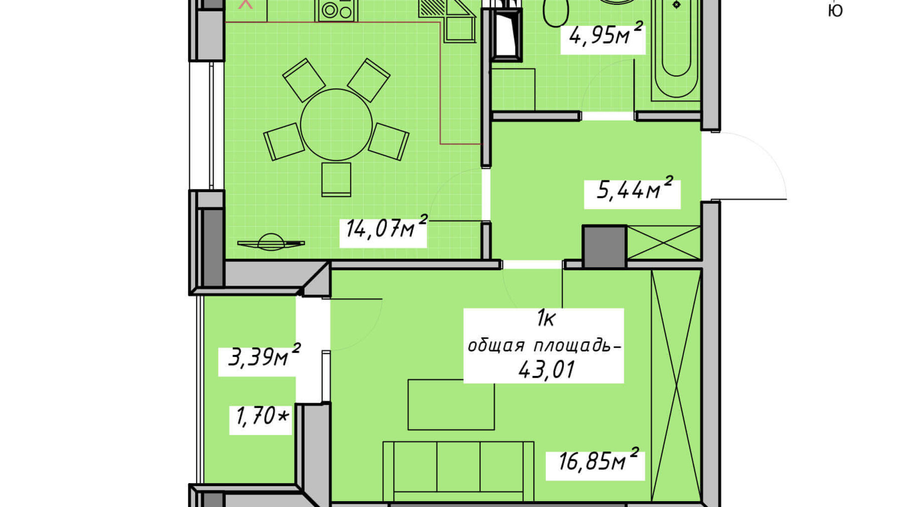 Планування 1-кімнатної квартири в ЖК Otrada Sky 43.01 м², фото 199075