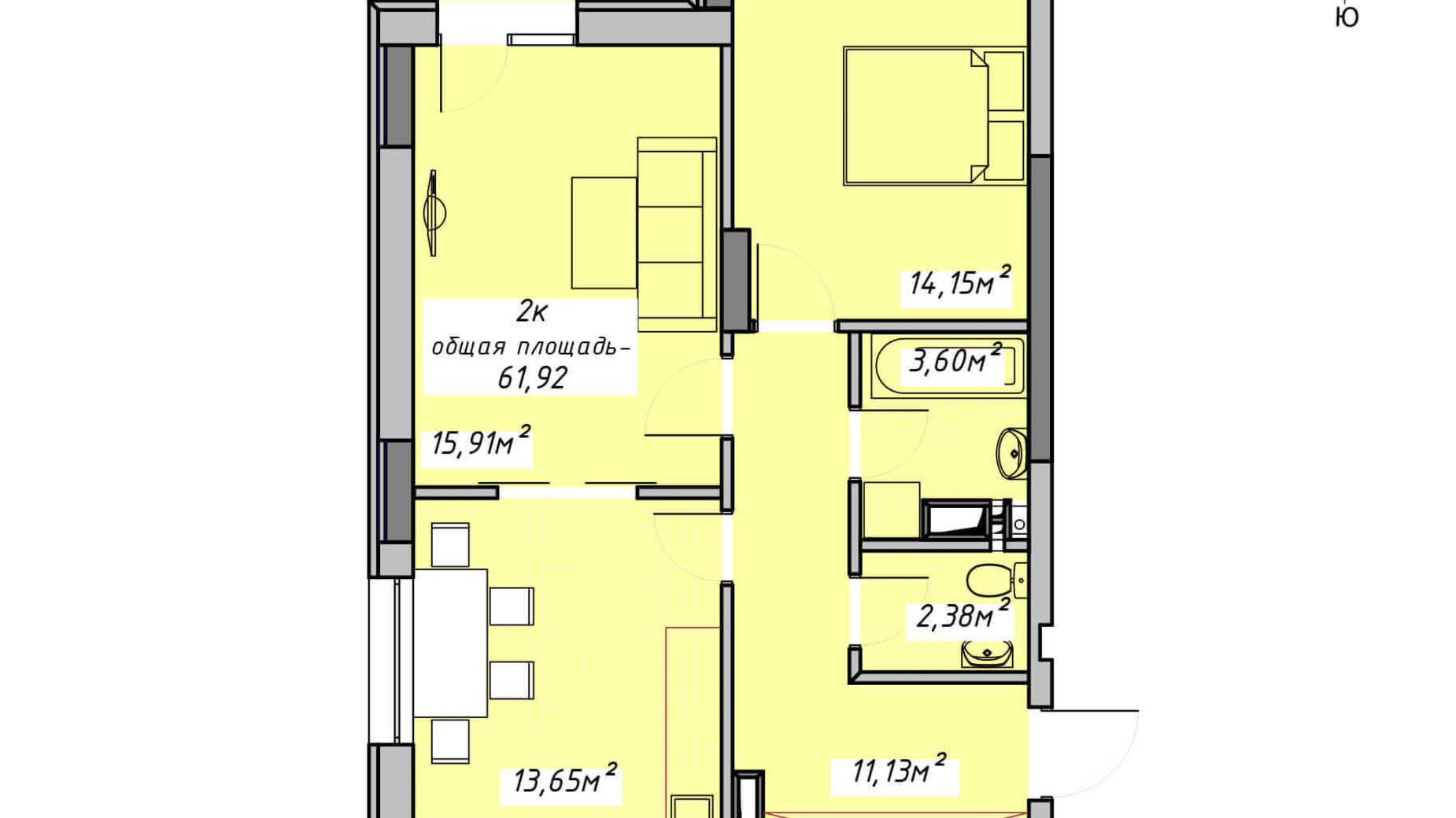 Планування 2-кімнатної квартири в ЖК Otrada Sky 61.92 м², фото 199086