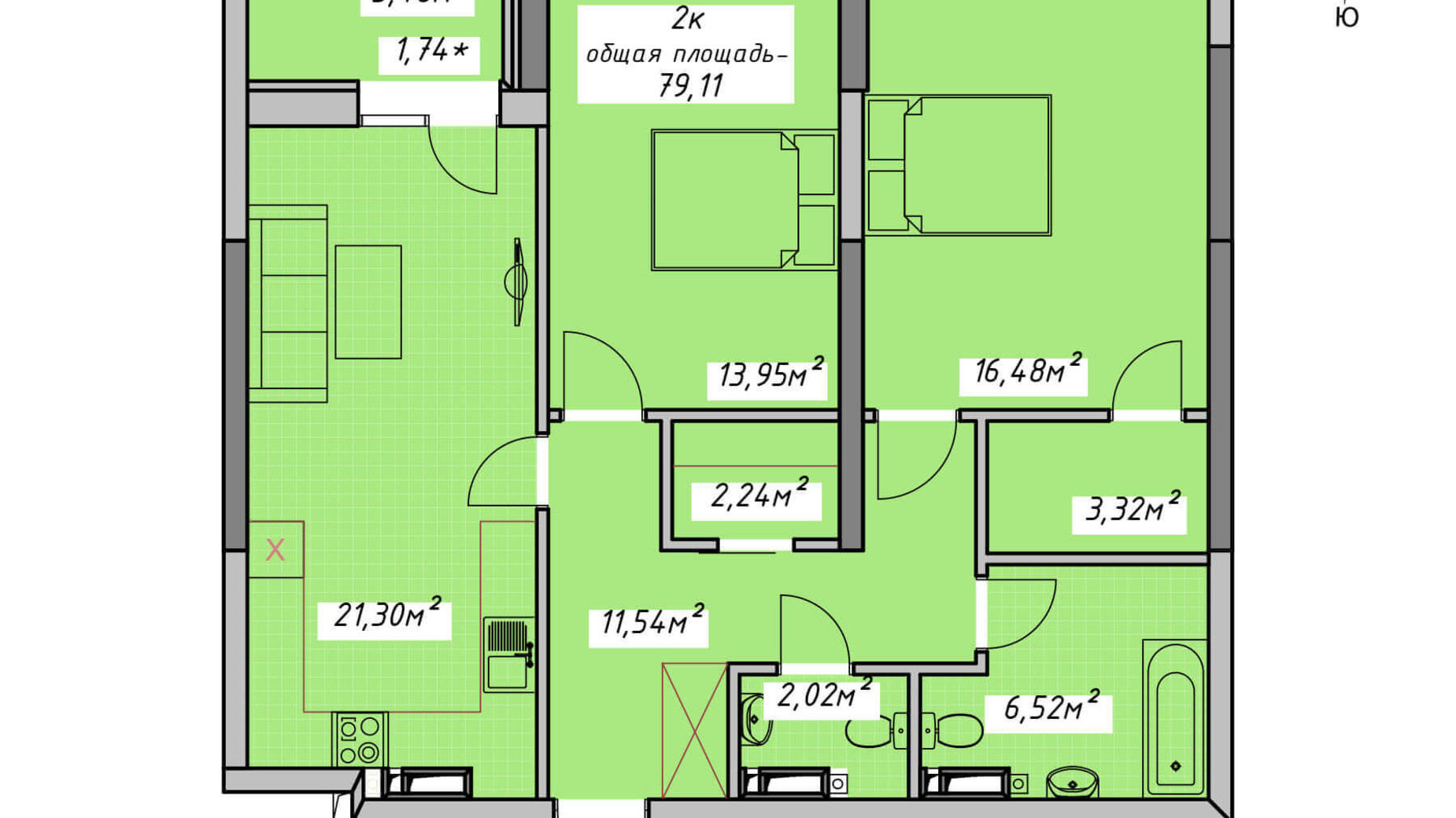 Планировка 2-комнатной квартиры в ЖК Otrada Sky 79.11 м², фото 199090