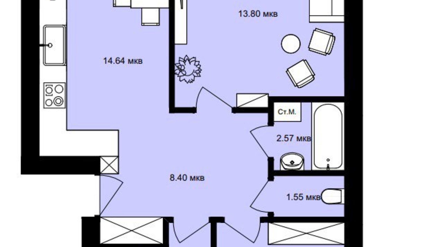 Планировка 3-комнатной квартиры в ЖК Амстердам 63 м², фото 199155