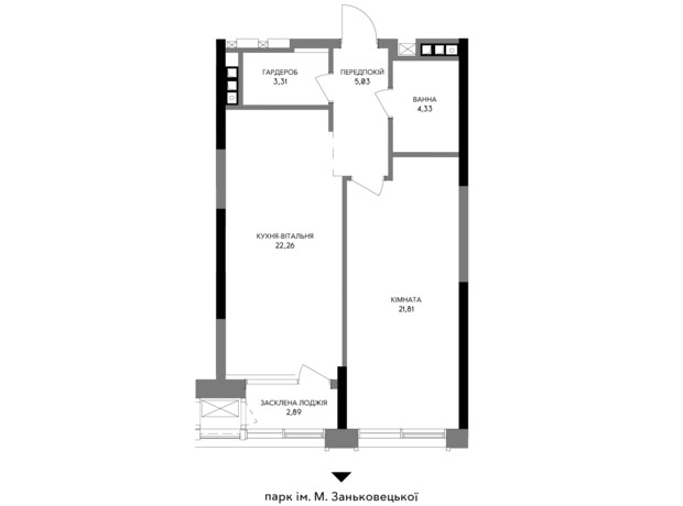 Інноваційний комплекс A136 Highlight Tower: планування 1-кімнатної квартири 58.79 м²