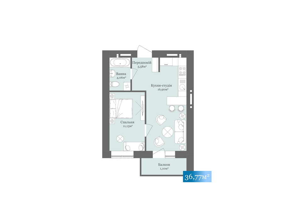 Планировка 1-комнатной квартиры в ЖК West Towers 36.77 м², фото 200499 Планировка 1-комнатной квартиры в ЖК West Towers 36.77 м², фото 200499