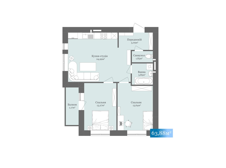 Планировка 2-комнатной квартиры в ЖК West Towers 63.88 м², фото 200500 Планировка 2-комнатной квартиры в ЖК West Towers 63.88 м², фото 200500